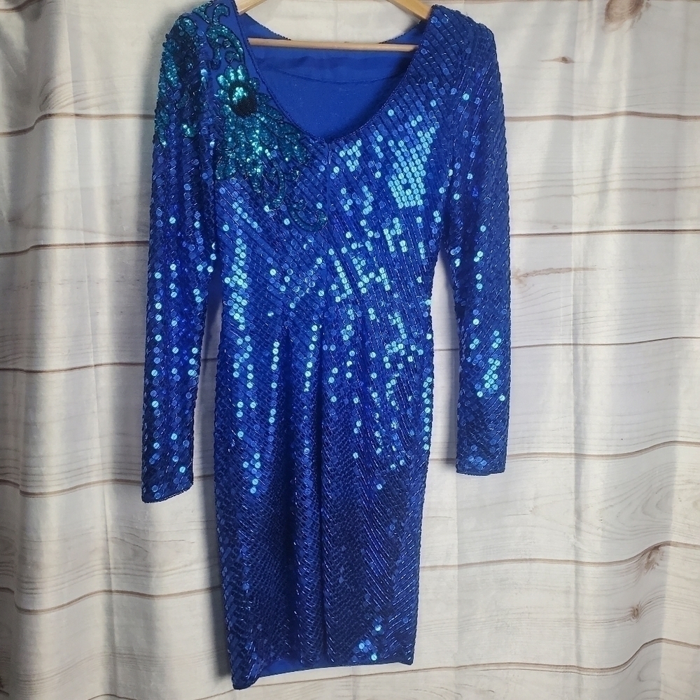 Vintage 80s Nadine Vibrant Blue Floral Sequins Long Sleeve Dress Size Medium - Picture 7 of 16
